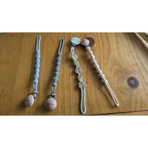 Moonkie Silicone Pacifier Clip Set 4pc Neutral Blue Green Lemon Wood Metal Clip